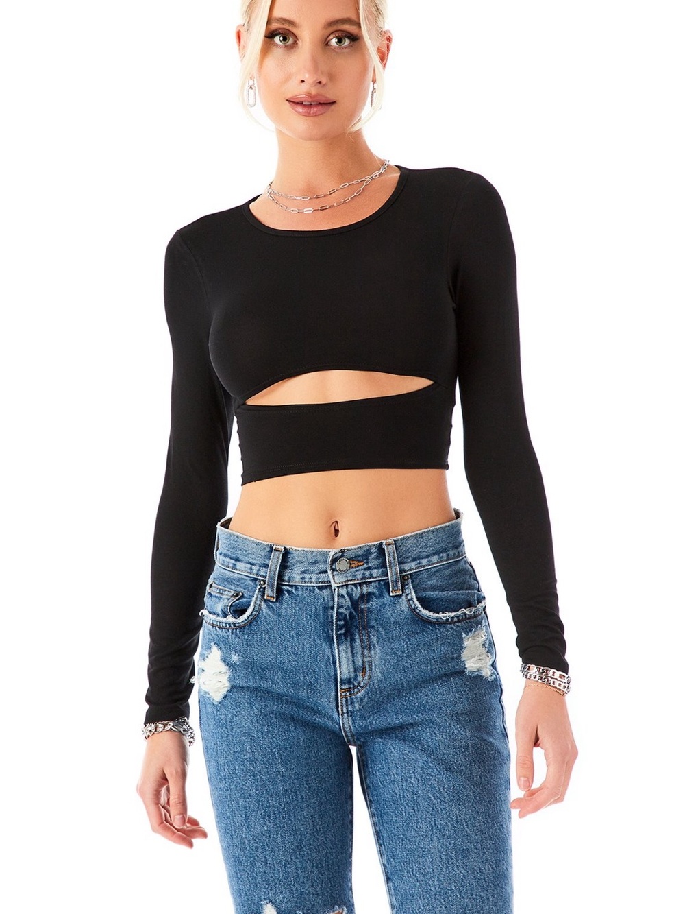 LF Emma & Sam Black Long-Sleeve Cutout Crop Top